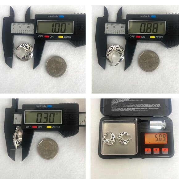 Sterling Silver 925 1" Scrollwork Bali Style Chunky Hoop Earrings Hinged Post - Picture 10 of 16